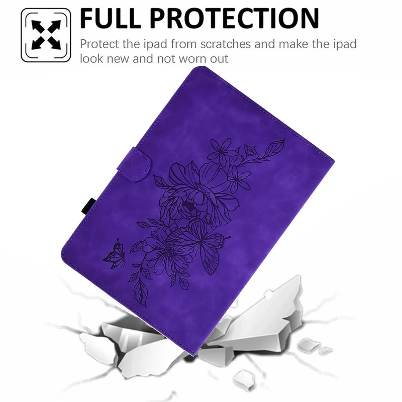 Stand Card Holder PU Leather Cover for 8-inch Tablet, Butterfly Flower Pattern Imprinted Stitching Line Protective Tablet Cover - Purple