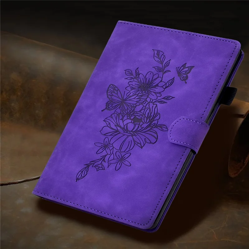 Stand Card Holder PU Leather Cover for 8-inch Tablet, Butterfly Flower Pattern Imprinted Stitching Line Protective Tablet Cover - Purple