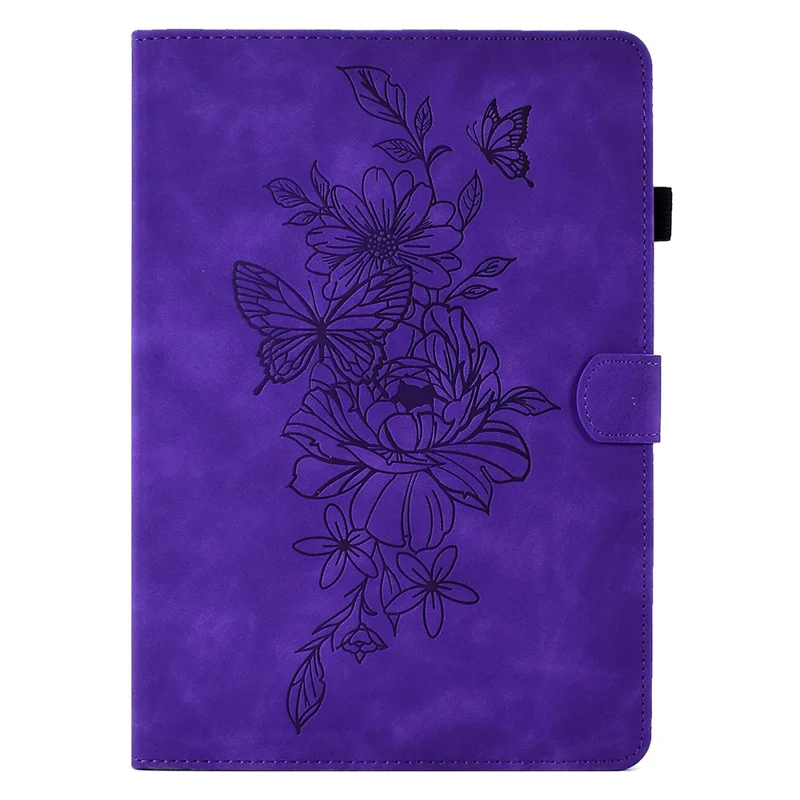 Stand Card Holder PU Leather Cover for 8-inch Tablet, Butterfly Flower Pattern Imprinted Stitching Line Protective Tablet Cover - Purple