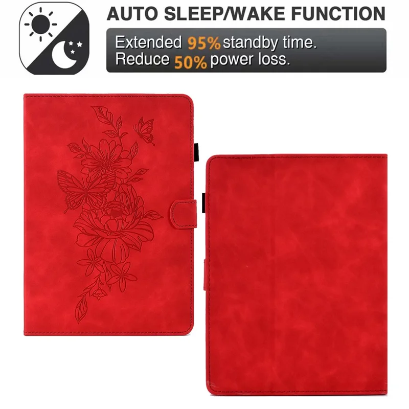 Butterfly Flower Pattern Imprinted Leather Case for 10-inch Tablet, Stitching Line Full Protection Tablet Cover with Card Holder Stand - Red