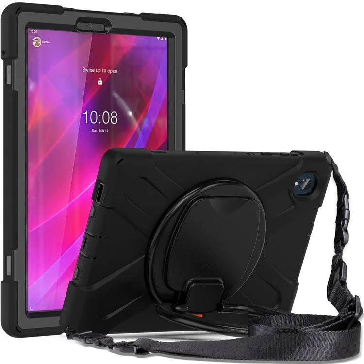 For Lenovo Tab M10 Plus 10.3 inch X606F / 606X / K10 PC+Silicone Tablet Case Rotary Kickstand Anti-drop Protective Cover with Shoulder Strap - Black