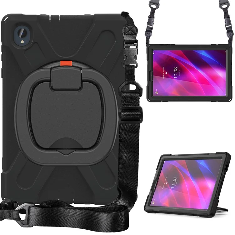 For Lenovo Tab M10 Plus 10.3 inch X606F / 606X / K10 PC+Silicone Tablet Case Rotary Kickstand Anti-drop Protective Cover with Shoulder Strap - Black