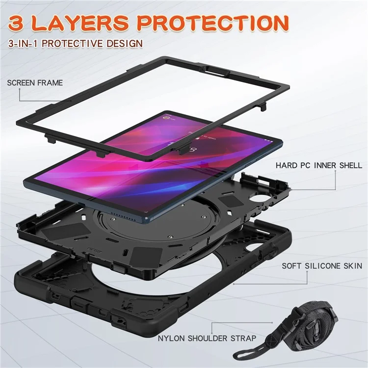 For Lenovo Tab M10 Plus 10.3 inch X606F / 606X / K10 PC+Silicone Tablet Case Rotary Kickstand Anti-drop Protective Cover with Shoulder Strap - Black