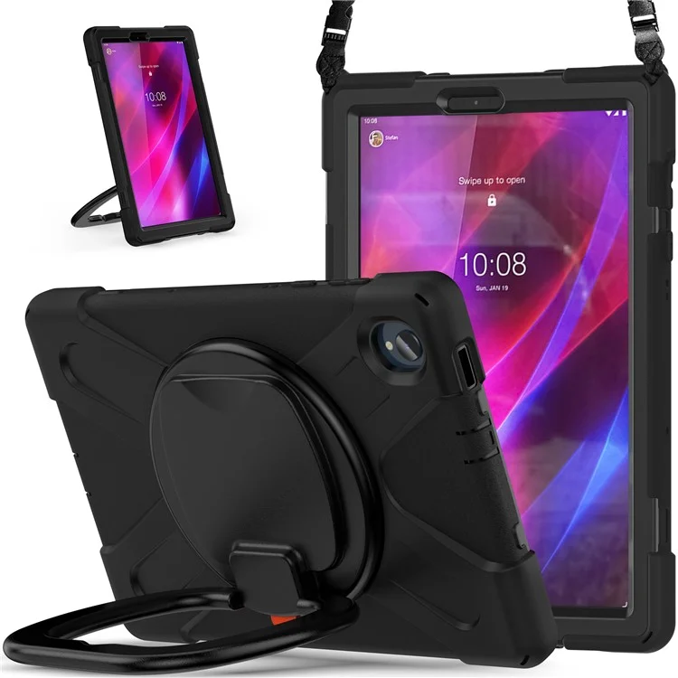 Для Lenovo Tab M10 Plus 10,3-дюймового X606F / 606X / K10 ПК + силиконовый чехол для планшета с поворотной подставкой, противоударная защитная крышка с плечевым ремнем - черная