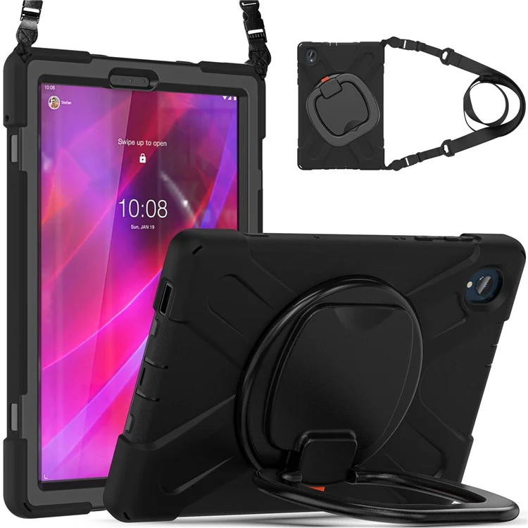 Для Lenovo Tab M10 Plus 10,3-дюймового X606F / 606X / K10 ПК + силиконовый чехол для планшета с поворотной подставкой, противоударная защитная крышка с плечевым ремнем - черная