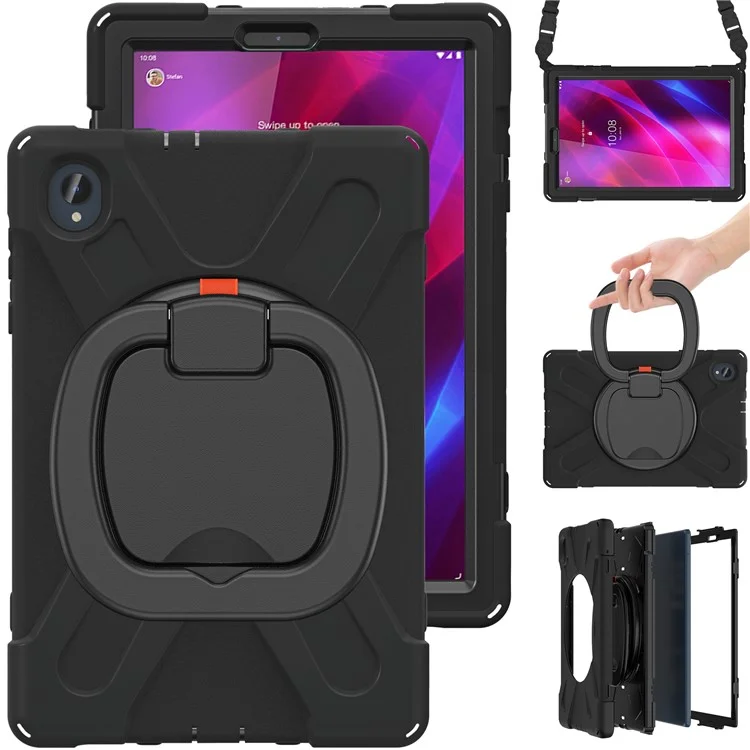 For Lenovo Tab M10 Plus 10.3 inch X606F / 606X / K10 PC+Silicone Tablet Case Rotary Kickstand Anti-drop Protective Cover with Shoulder Strap - Black