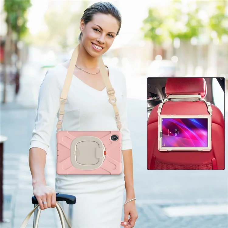 For Lenovo Tab M10 Plus 10.3 inch X606F / 606X / K10 PC+Silicone Tablet Case Rotary Kickstand Anti-drop Protective Cover with Shoulder Strap - Pink