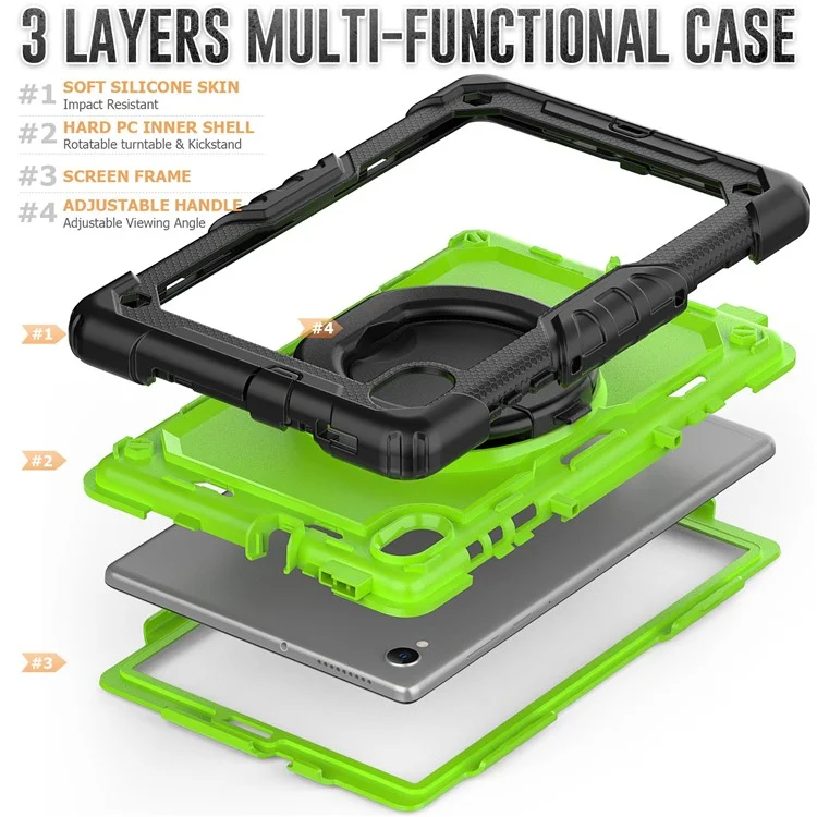 For Lenovo Tab M10 HD Gen 2 TB-306X(F) 10.1 inch Tablet Case 360-Degree Rotating Kickstand PC + Silicone Protective Cover with Shoulder Strap - Black / Lime PC