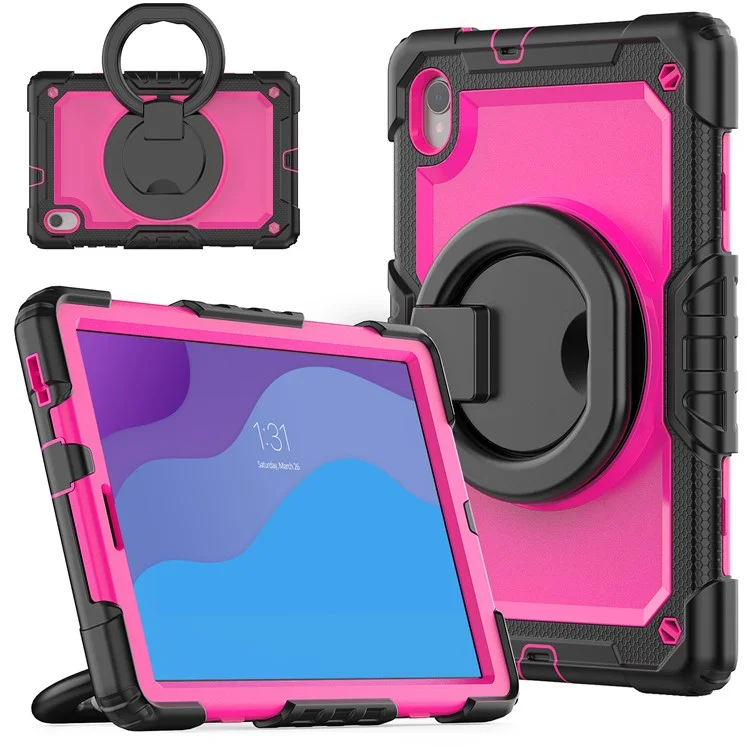 For Lenovo Tab M10 HD Gen 2 TB-306X(F) 10.1 inch Tablet Case 360-Degree Rotating Kickstand PC + Silicone Protective Cover with Shoulder Strap - Black / Rose PC