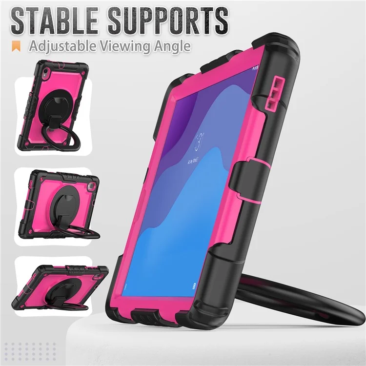 For Lenovo Tab M10 HD Gen 2 TB-306X(F) 10.1 inch Tablet Case 360-Degree Rotating Kickstand PC + Silicone Protective Cover with Shoulder Strap - Black / Rose PC