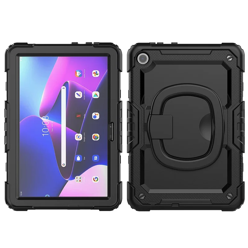 For Lenovo Tab M10 (Gen 3) TB-328FU / TB-328XU PC + Silicone Tablet Cover 360-Degree Rotating Kickstand Anti-drop Case with Shoulder Strap - Black