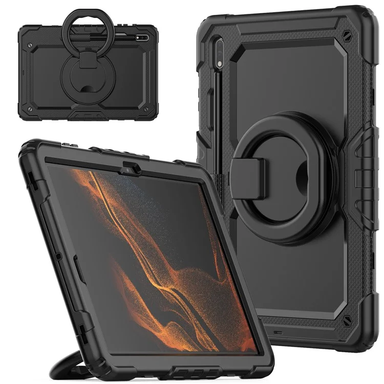 For Samsung Galaxy Tab S8+ / Tab S7+ T970 / T975 (2020) / Tab S7 FE (2021) Anti-Drop Tablet Case Hard PC + Silicone Case with Shoulder Strap / Kickstand - Black