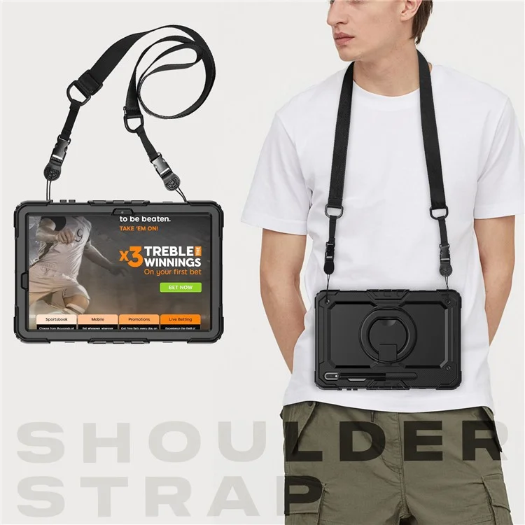 For Samsung Galaxy Tab S8+ / Tab S7+ T970 / T975 (2020) / Tab S7 FE (2021) Anti-Drop Tablet Case Hard PC + Silicone Case with Shoulder Strap / Kickstand - Black