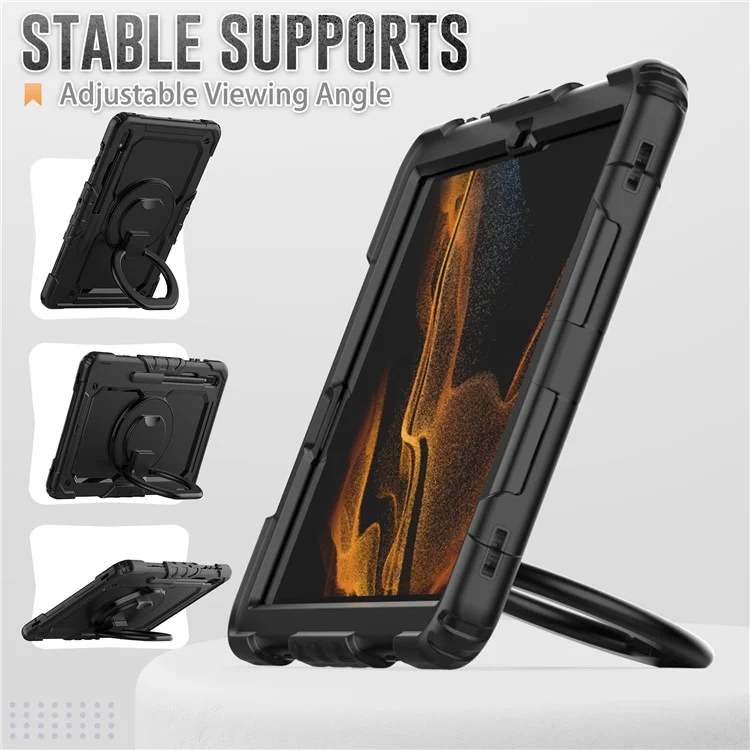 For Samsung Galaxy Tab S8+ / Tab S7+ T970 / T975 (2020) / Tab S7 FE (2021) Anti-Drop Tablet Case Hard PC + Silicone Case with Shoulder Strap / Kickstand - Black