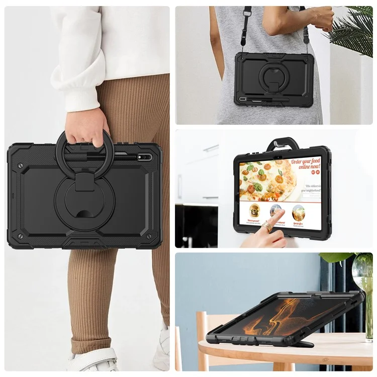 For Samsung Galaxy Tab S8+ / Tab S7+ T970 / T975 (2020) / Tab S7 FE (2021) Anti-Drop Tablet Case Hard PC + Silicone Case with Shoulder Strap / Kickstand - Black