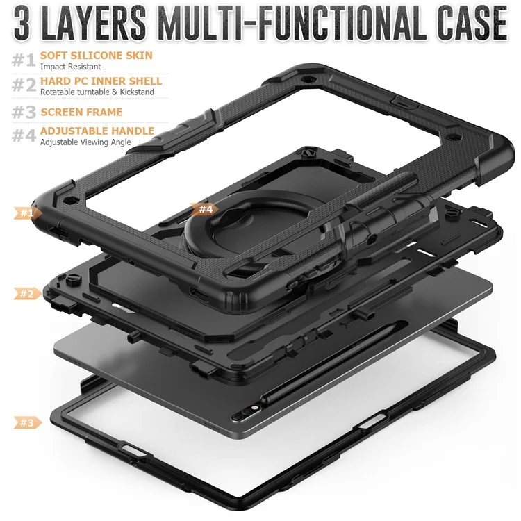 For Samsung Galaxy Tab S8+ / Tab S7+ T970 / T975 (2020) / Tab S7 FE (2021) Anti-Drop Tablet Case Hard PC + Silicone Case with Shoulder Strap / Kickstand - Black