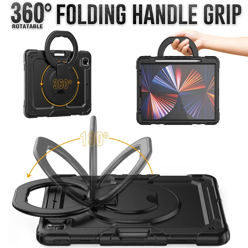 Para iPad Pro 12.9 (2018) / (2020) / (2021) / (2022) Capa Protetora de Tablet com Suporte para Apoio Rotativo de 360 Graus, Anti-queda, de PC + Silicone com Alça de Ombro - Preto