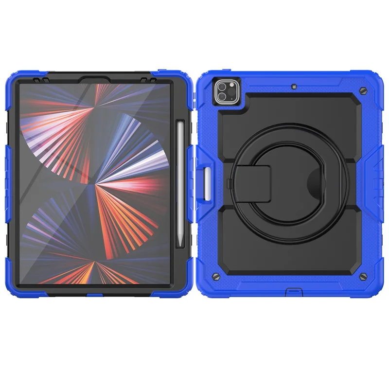 For iPad Pro 12.9 (2018) / (2020) / (2021) / (2022) 360-Degree Rotating Kickstand Tablet Case Anti-drop PC + Silicone Protective Cover with Shoulder Strap - Dark Blue