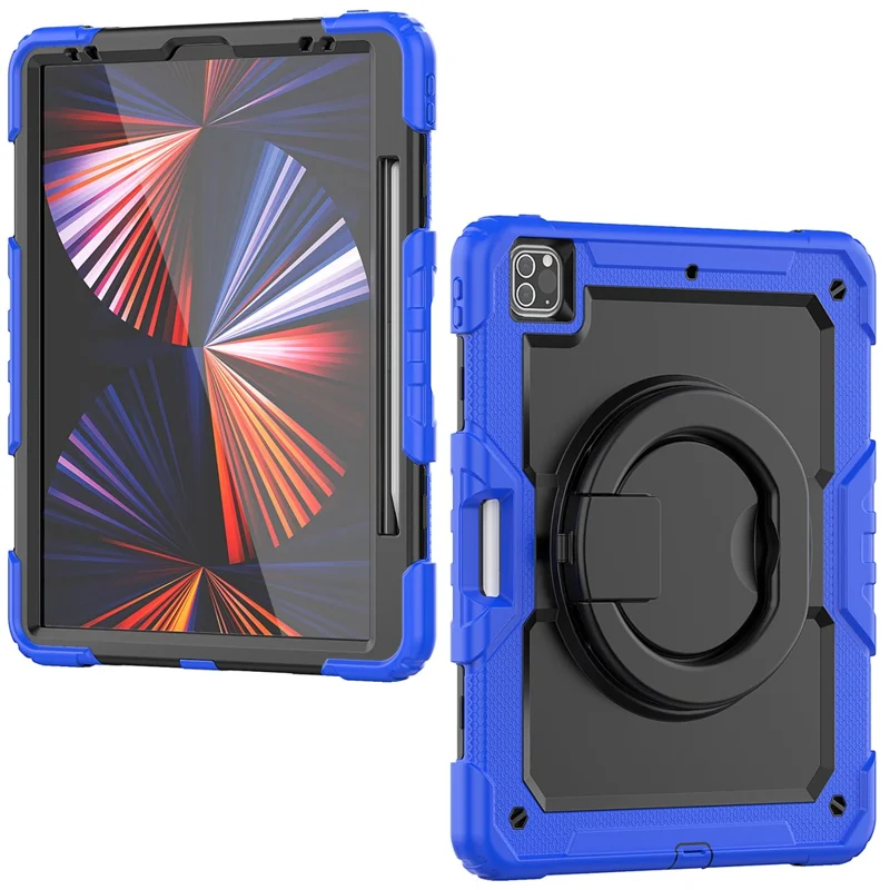 For iPad Pro 12.9 (2018) / (2020) / (2021) / (2022) 360-Degree Rotating Kickstand Tablet Case Anti-drop PC + Silicone Protective Cover with Shoulder Strap - Dark Blue