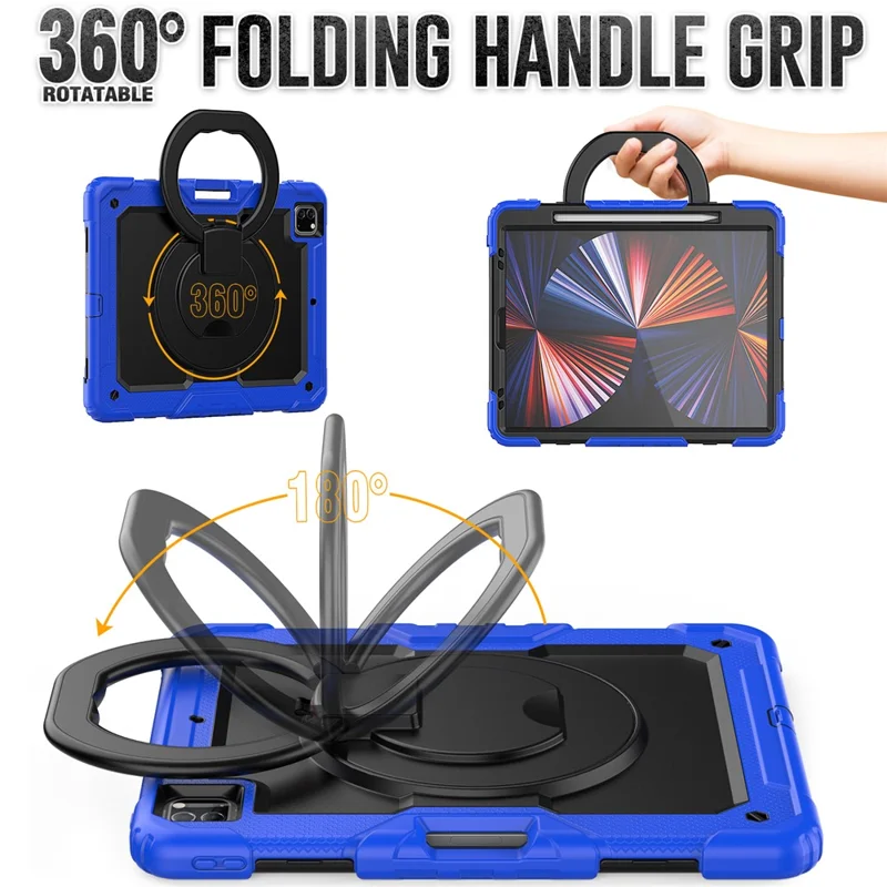 For iPad Pro 12.9 (2018) / (2020) / (2021) / (2022) 360-Degree Rotating Kickstand Tablet Case Anti-drop PC + Silicone Protective Cover with Shoulder Strap - Dark Blue