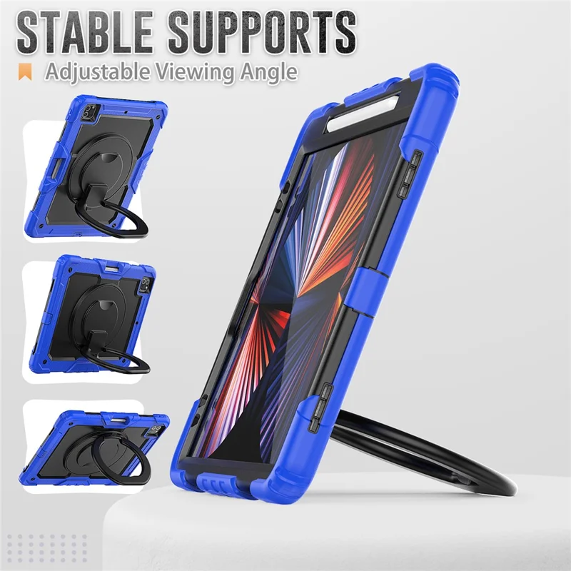 For iPad Pro 12.9 (2018) / (2020) / (2021) / (2022) 360-Degree Rotating Kickstand Tablet Case Anti-drop PC + Silicone Protective Cover with Shoulder Strap - Dark Blue