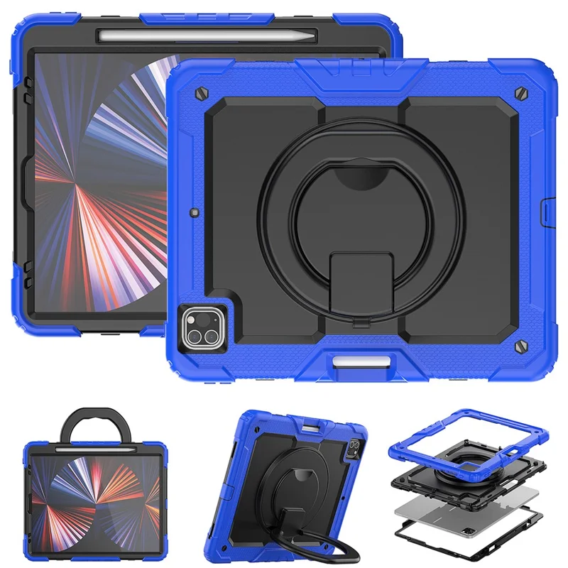For iPad Pro 12.9 (2018) / (2020) / (2021) / (2022) 360-Degree Rotating Kickstand Tablet Case Anti-drop PC + Silicone Protective Cover with Shoulder Strap - Dark Blue