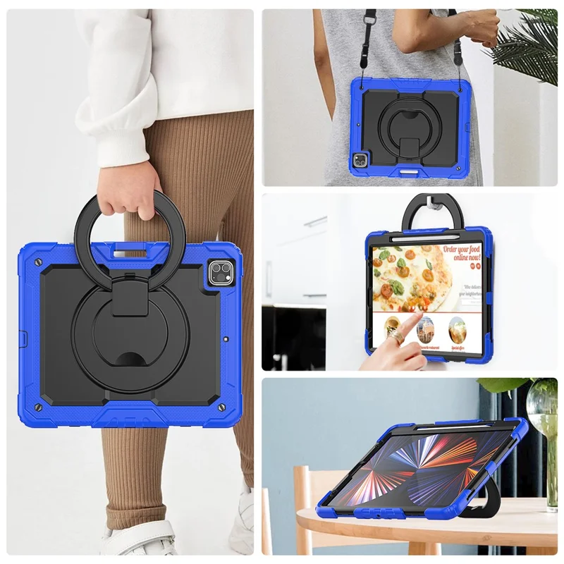 For iPad Pro 12.9 (2018) / (2020) / (2021) / (2022) 360-Degree Rotating Kickstand Tablet Case Anti-drop PC + Silicone Protective Cover with Shoulder Strap - Dark Blue