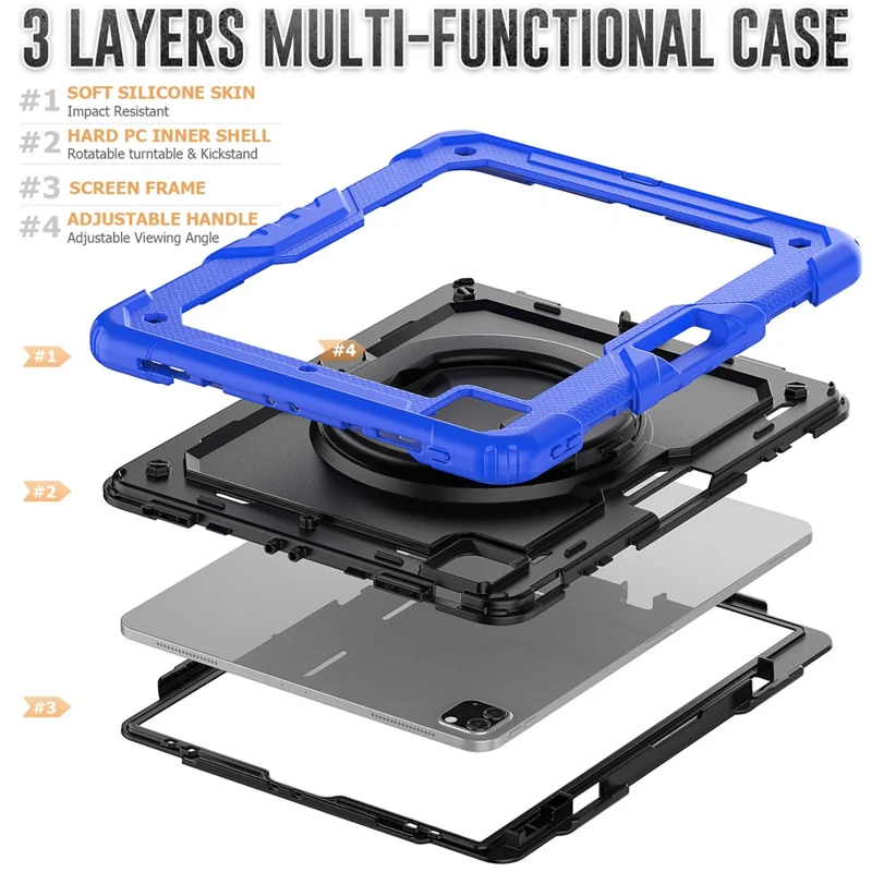 For iPad Pro 12.9 (2018) / (2020) / (2021) / (2022) 360-Degree Rotating Kickstand Tablet Case Anti-drop PC + Silicone Protective Cover with Shoulder Strap - Dark Blue