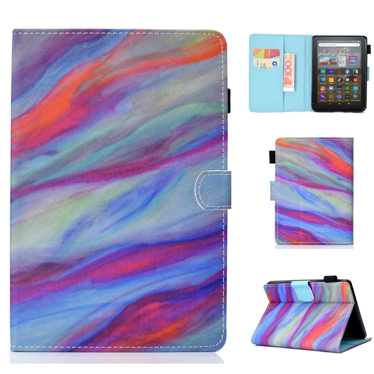 For Amazon Kindle Youth Edition 2022 Folio Flip Tablet Stand Case Stitching Line PU Leather Card Holder Protective Cover - Colorful Marble