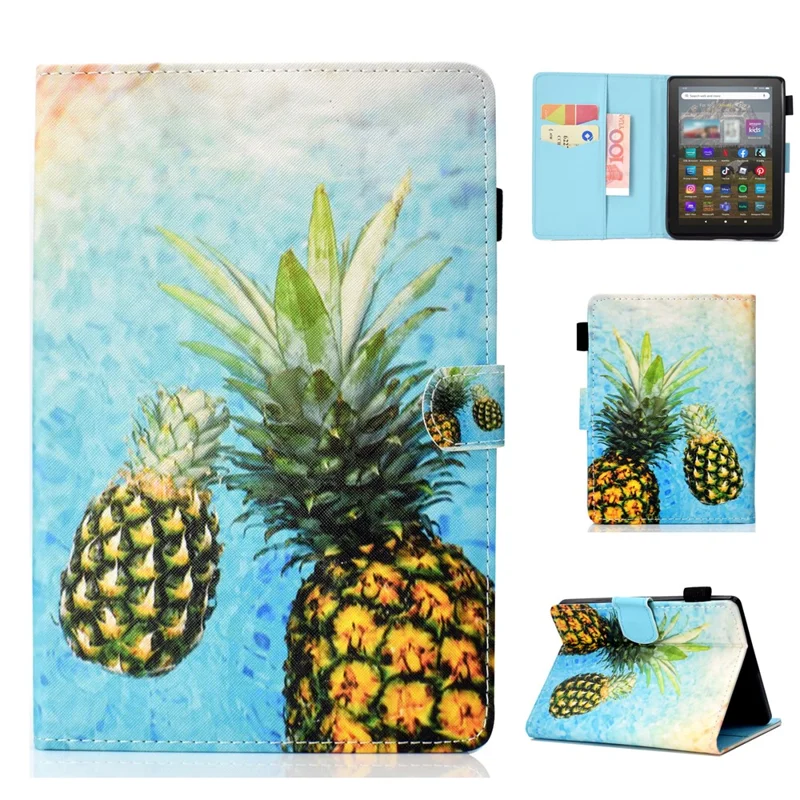 For Amazon Kindle Youth Edition 2022 Folio Flip Tablet Stand Case Stitching Line PU Leather Card Holder Protective Cover - Pineapple