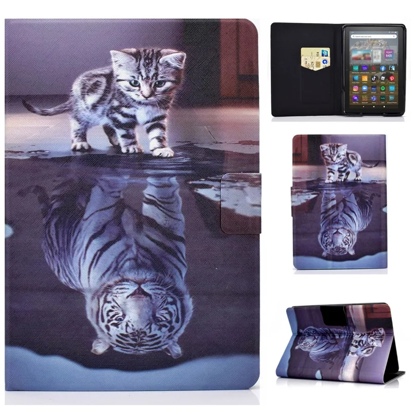 For Amazon Kindle Youth Edition 2022 Pattern Printing Flip Tablet Case PU Leather Card Holder Stand Magnetic Cover - Cat and Tiger