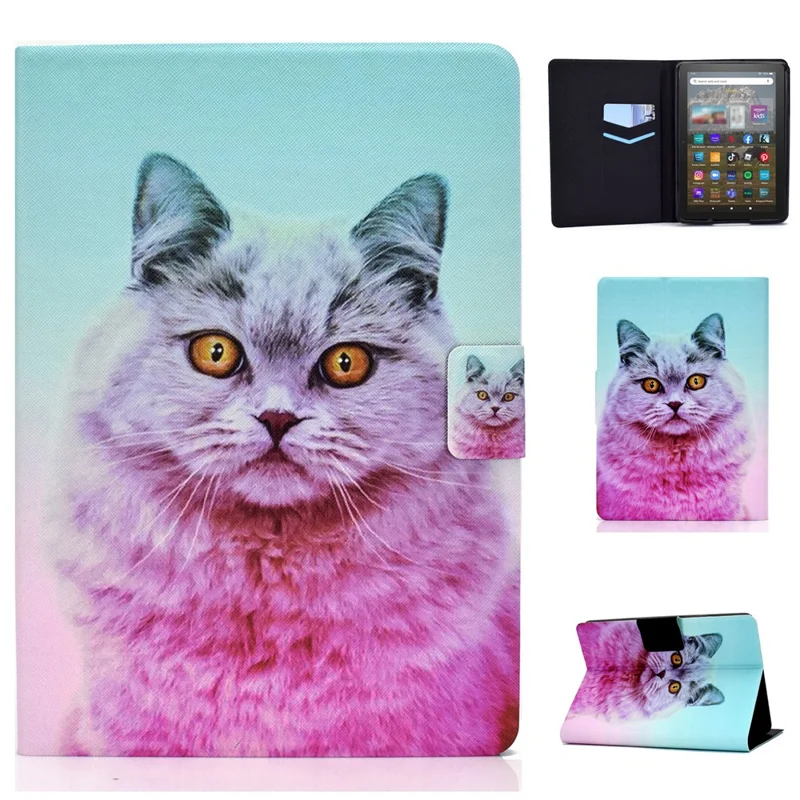For Amazon Kindle Youth Edition 2022 Pattern Printing Flip Tablet Case PU Leather Card Holder Stand Magnetic Cover - Pink Cat