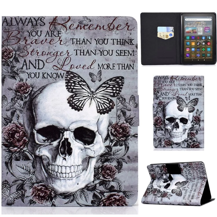 Per Amazon Kindle Youth Edition 2022 Folio Flip PU Leather Cover Pattern Printing Card Holder Stand Protective Tablet Case - Skull