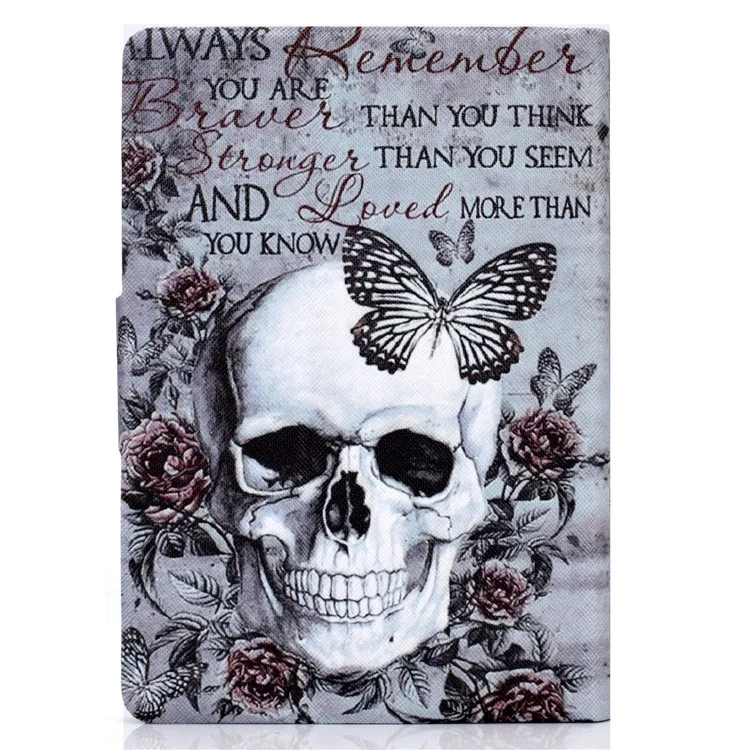 Per Amazon Kindle Youth Edition 2022 Folio Flip PU Leather Cover Pattern Printing Card Holder Stand Protective Tablet Case - Skull