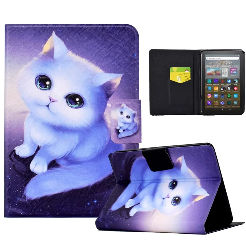 For Amazon Kindle Youth Edition 2022 Folio Flip PU Leather Cover Pattern Printing Card Holder Stand Protective Tablet Case - Cat