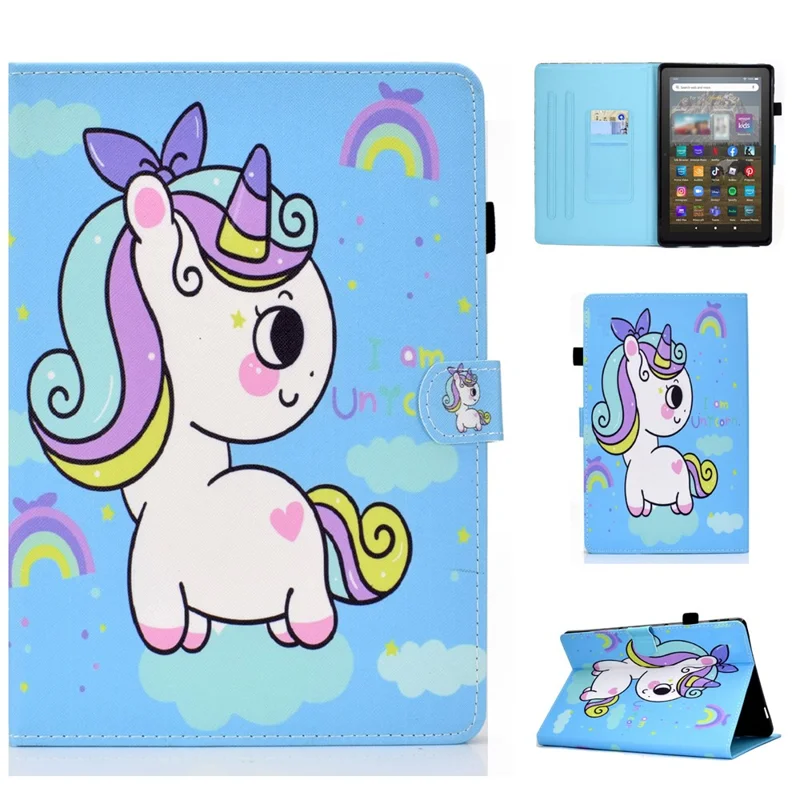 For Amazon Kindle Youth Edition 2022 Cover Stitching Line PU Leather Tablet Full Protection Case with Card Slots - Rainbow Horse