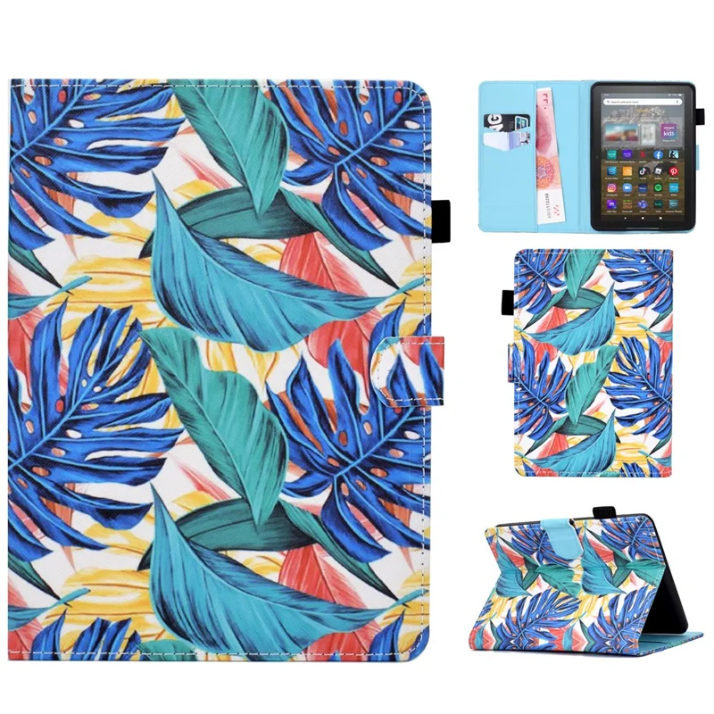For Amazon Kindle Youth Edition 2022 Cover Stitching Line PU Leather Tablet Full Protection Case with Card Slots - Leaves