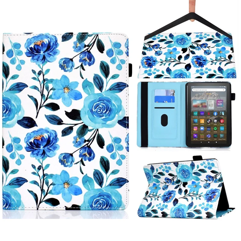 For Amazon Kindle Youth Edition 2022 PU Leather Book Style Flip Tablet Case Pattern Printing Card Holder Shockproof Cover with Elastic Band - Blue Rose