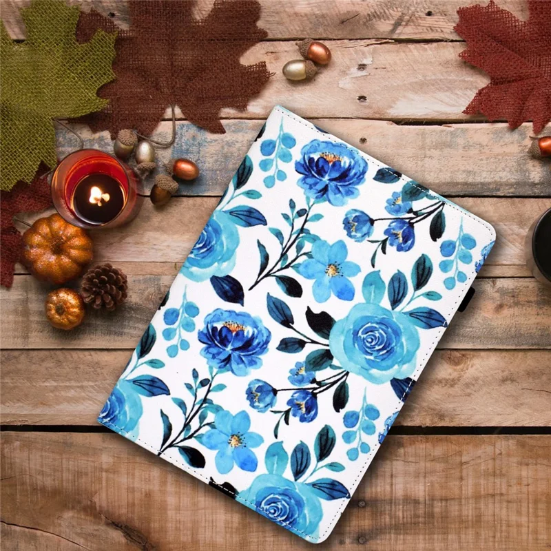 For Amazon Kindle Youth Edition 2022 PU Leather Book Style Flip Tablet Case Pattern Printing Card Holder Shockproof Cover with Elastic Band - Blue Rose