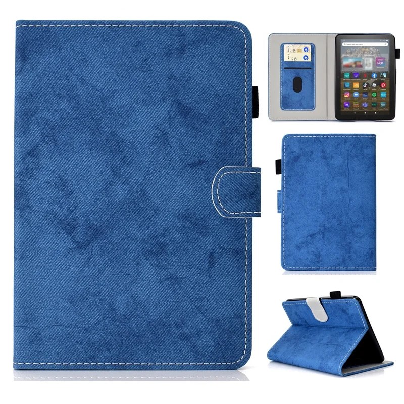 For Amazon Kindle Youth Edition 2022 Cloth Texture PU Leather Protective Case Card Slot Stand Folio Tablet Cover with Pencil Holder - Blue