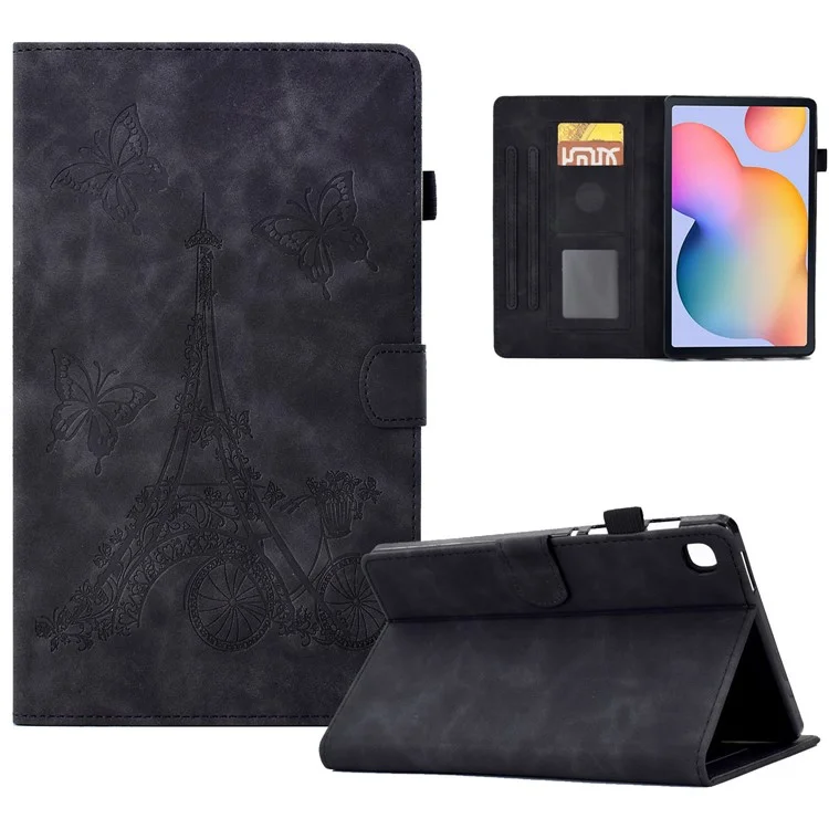 Para Samsung Galaxy Tab S6 Lite (2024) / S6 Lite (2022) / S6 Lite (2020) P610 Funda de Tableta de Cuero con Patrón de Torre de Bicicleta y Mariposa - Negro