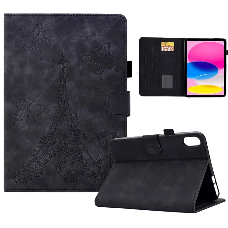 For iPad (2025) / 10.9 (2022) Microfiber Leather + TPU Tablet Cover Tower Pattern Imprinted Foldable Stand Card Holder Protective Tablet Case - Black