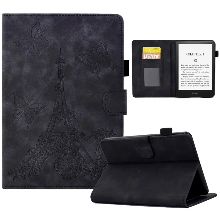Für Amazon Kindle Paperwhite 5 (2021) Tower Bike Butterfly Muster Geprägtes E-reader-gehäuse Mikrofaser-lederkartenhalter Hülle Hülle - Schwarz