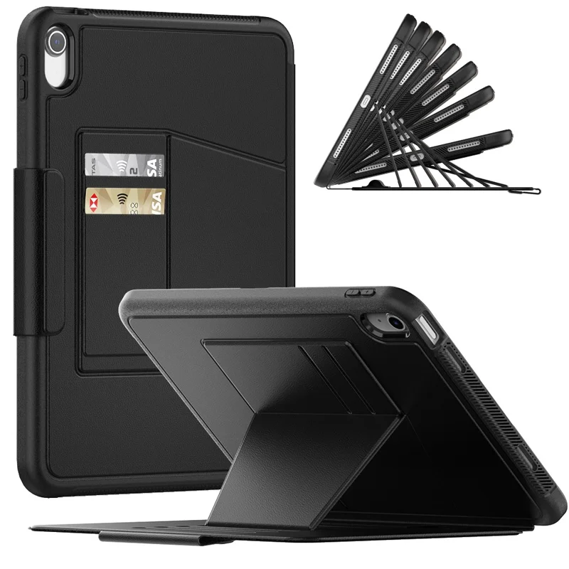For iPad (2025) / 10.9 (2022) PU Leather Tablet Case Kickstand Card Holder Magnetic Cover with Smart Auto Sleep / Wake - Black