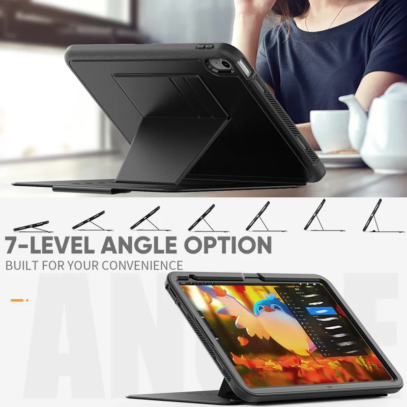 For iPad (2025) / 10.9 (2022) PU Leather Tablet Case Kickstand Card Holder Magnetic Cover with Smart Auto Sleep / Wake - Black