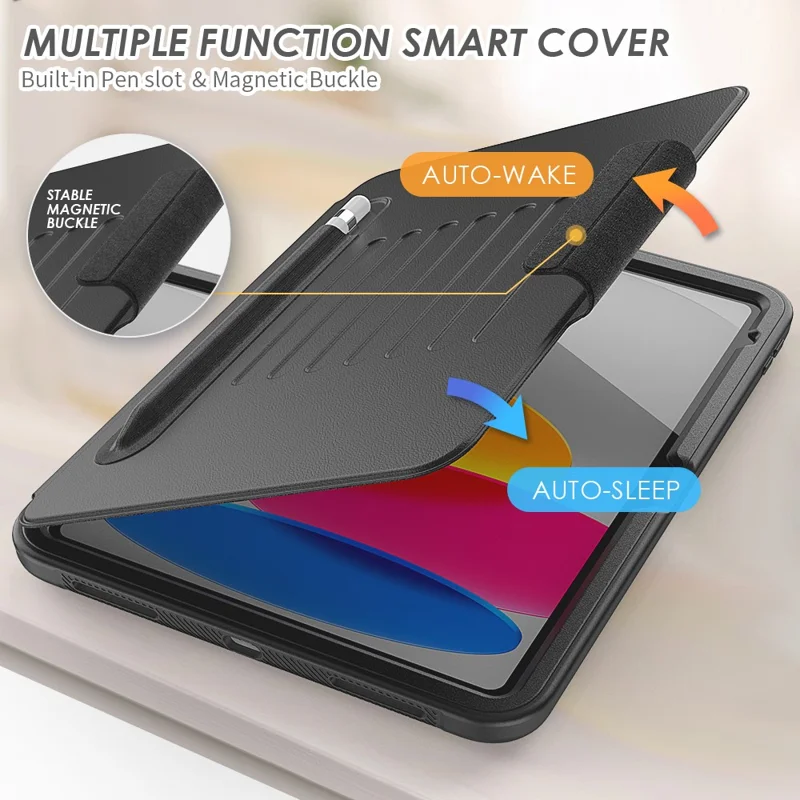For iPad (2025) / 10.9 (2022) PU Leather Tablet Case Kickstand Card Holder Magnetic Cover with Smart Auto Sleep / Wake - Black