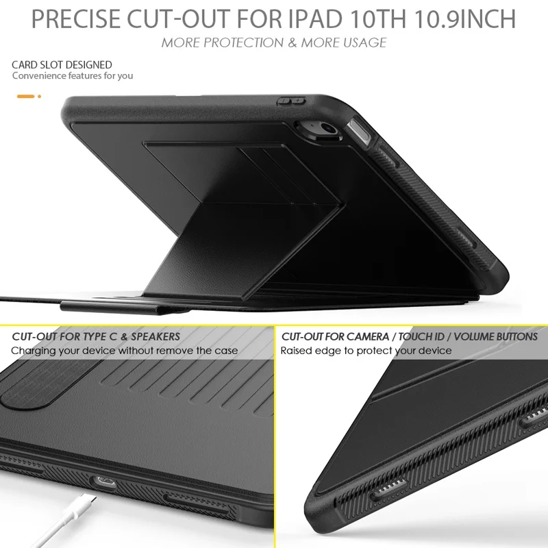 For iPad (2025) / 10.9 (2022) PU Leather Tablet Case Kickstand Card Holder Magnetic Cover with Smart Auto Sleep / Wake - Black