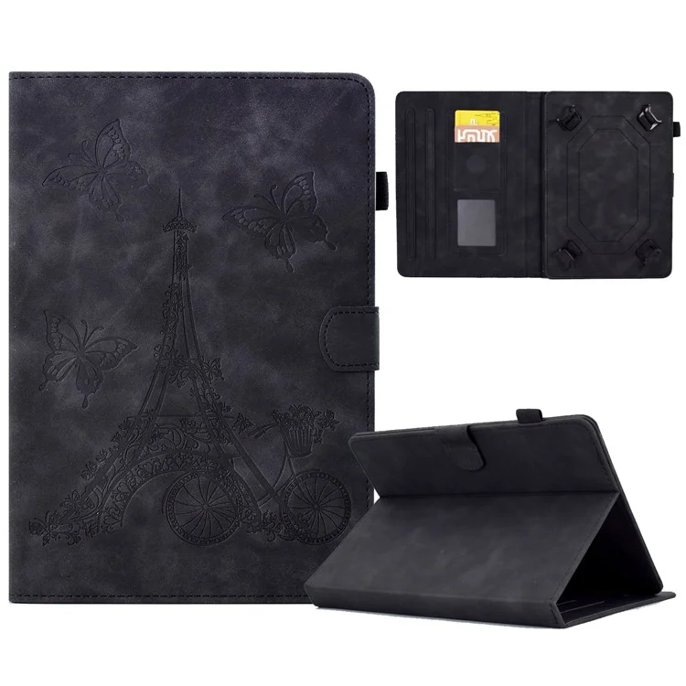 Microfiber Leather Case for Universal 7-inch Tablet, Tower Bike Butterfly Pattern Imprinted Shell Stand Smart Card Holder Protective Tablet Cover - Black