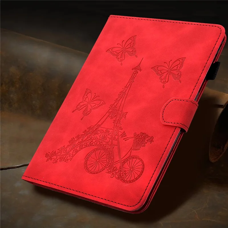 Microfiber Leather Case for Universal 7-inch Tablet, Tower Bike Butterfly Pattern Imprinted Shell Stand Smart Card Holder Protective Tablet Cover - Red
