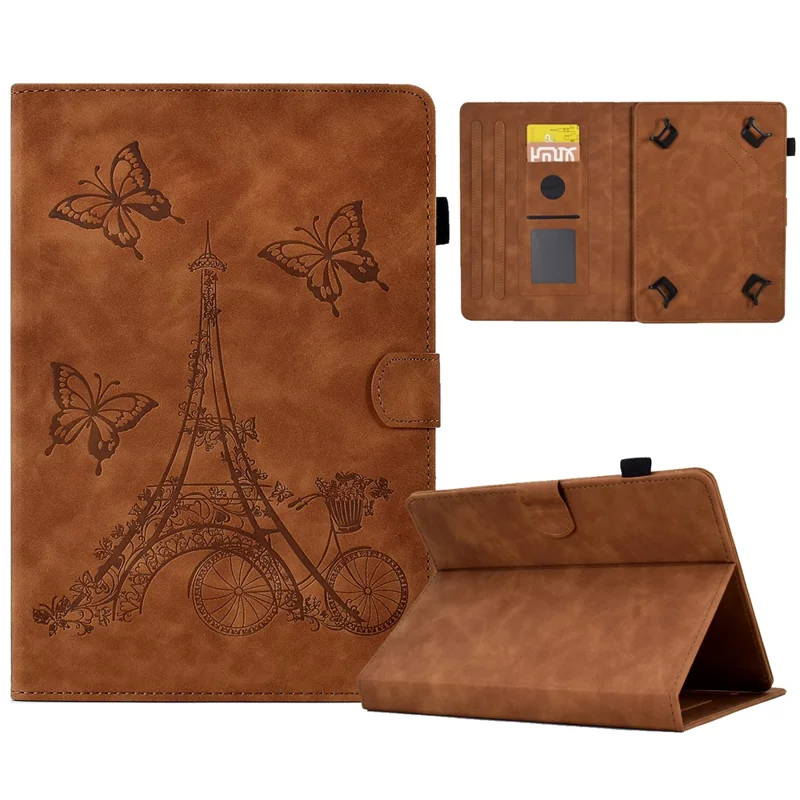Microfiber Leather Case for Universal 7-inch Tablet, Tower Bike Butterfly Pattern Imprinted Shell Stand Smart Card Holder Protective Tablet Cover - Brown